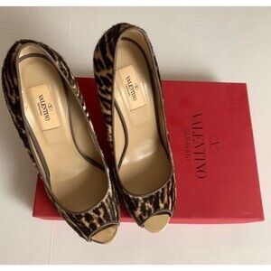 VALENTINO Pony Hair Leopard Leather Peep Toe heels 38.5